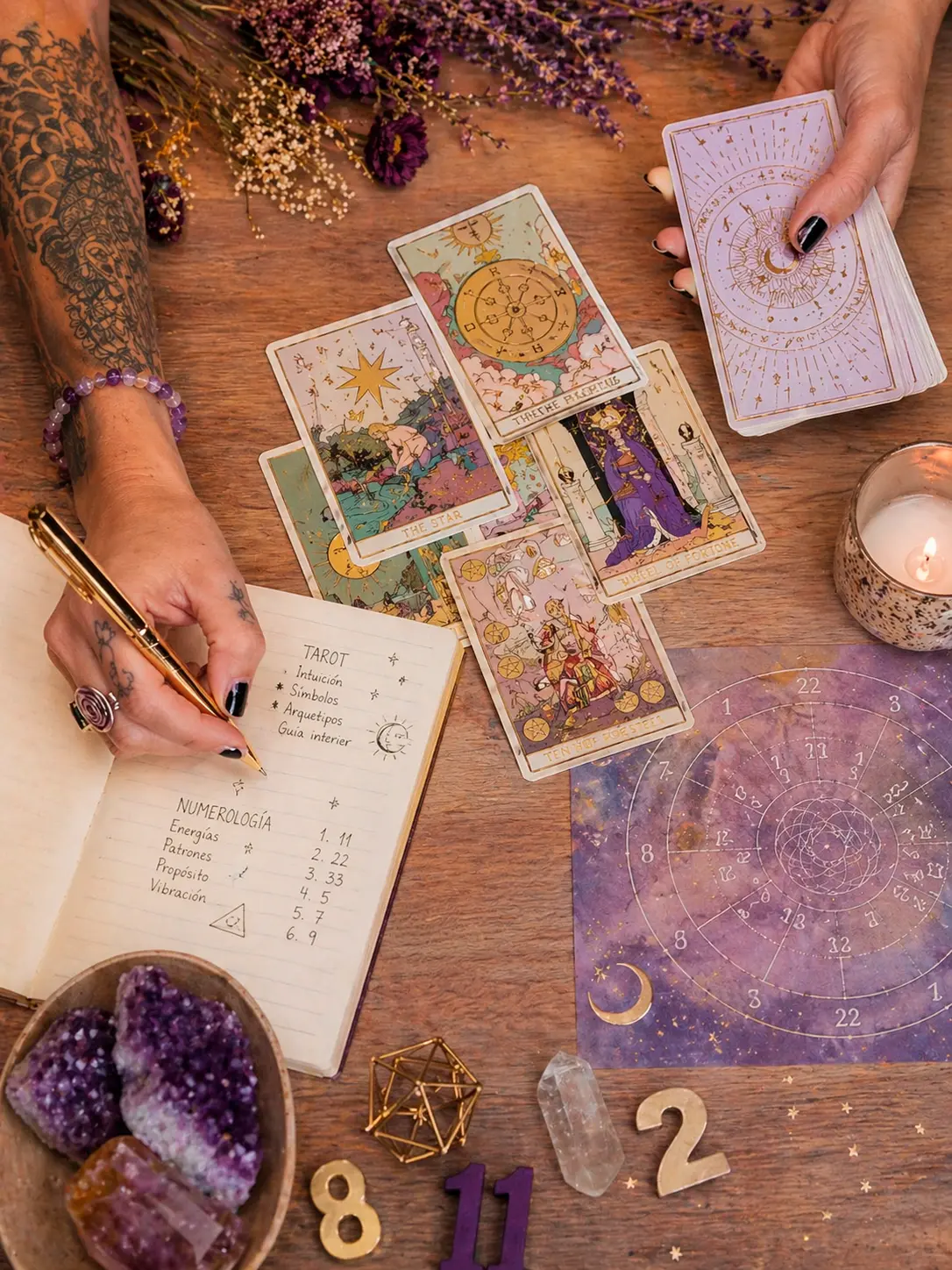 Workshop de tarot y numerología con cartas sobre mesa de madera, números decorativos, cristales y manos realizando lectura espiritual.