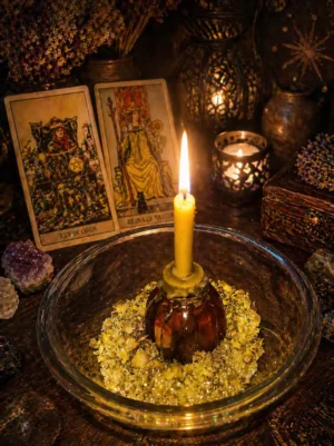 Vela amarilla encendida con sales rituales en altar espiritual para evento online El Despertar de las Ideas, encuentro de claridad mental y apertura de caminos vía Zoom.