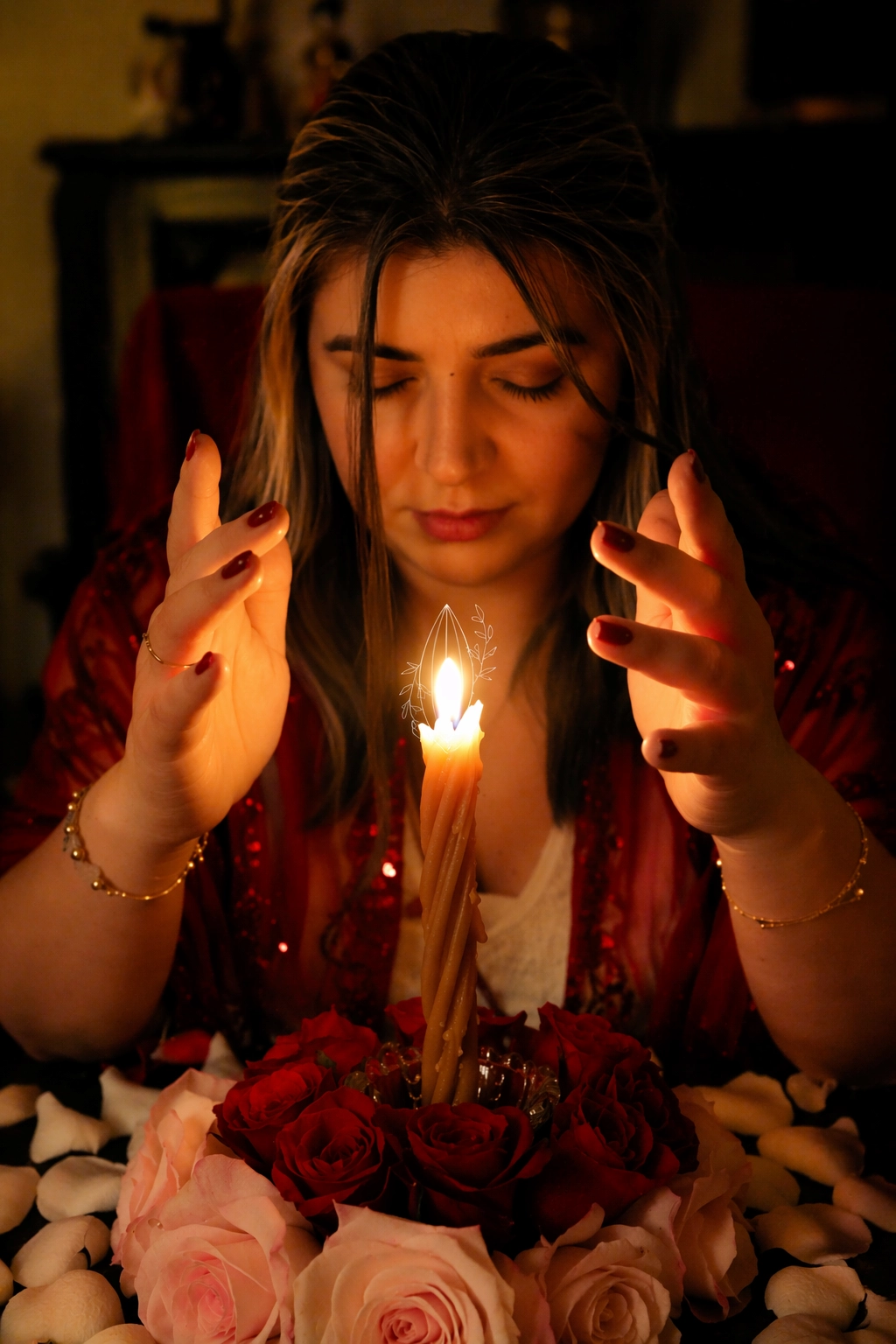 mujer realizando peticiones y limpieza con velas momento aja