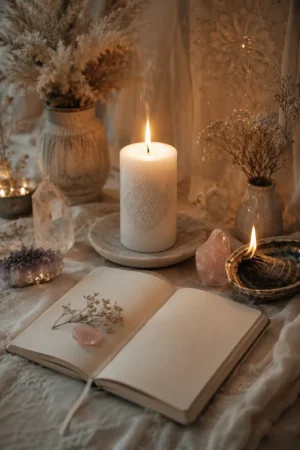 Vela blanca encendida sobre un altar místico con libreta abierta, cristales y fuego ritual