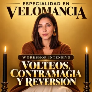 Imagen promocional del Workshop de Volteos, Contramagia y Reversión de Momento Ajá, especialidad en Velomancia, con instructora y velas negras.