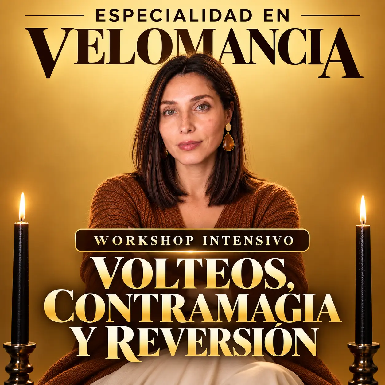 Imagen promocional del Workshop de Volteos, Contramagia y Reversión de Momento Ajá, especialidad en Velomancia, con instructora y velas negras.