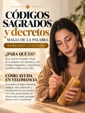 Imagen promocional del Workshop Códigos Sagrados y Decretos de Momento Ajá, con instructora escribiendo sobre una vela e integrando prácticas de Velomancia.