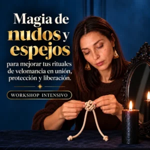 Imagen promocional del Workshop Magia con Nudos y Espejos de Momento Ajá, con instructora realizando nudos rituales, espejo y velas para prácticas de Velomancia.