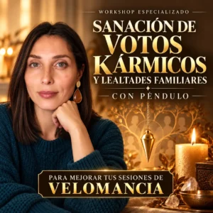 Imagen promocional del Workshop de Sanación de Votos Kármicos y Lealtades Familiares con Péndulo de Momento Ajá, con instructora, péndulo, velas y elementos de Velomancia.