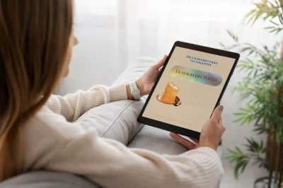 mujer viendo en ipad taller la magia del fuego momento aja