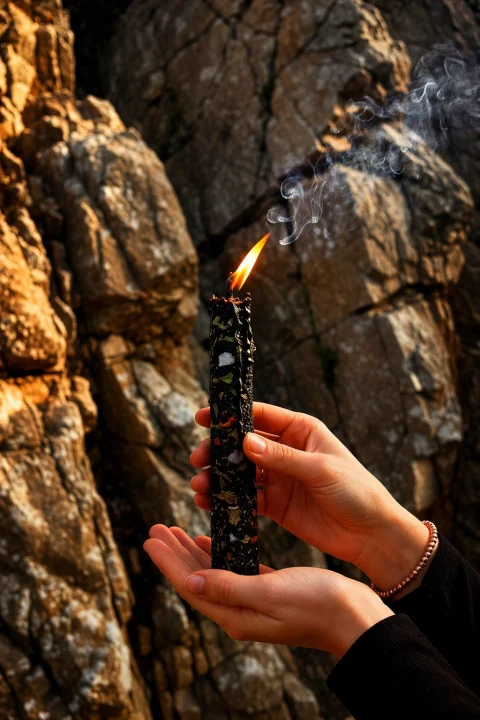 Persona sosteniendo una vela encendida al aire libre como práctica de conexión energética e intención en la rutina cotidiana